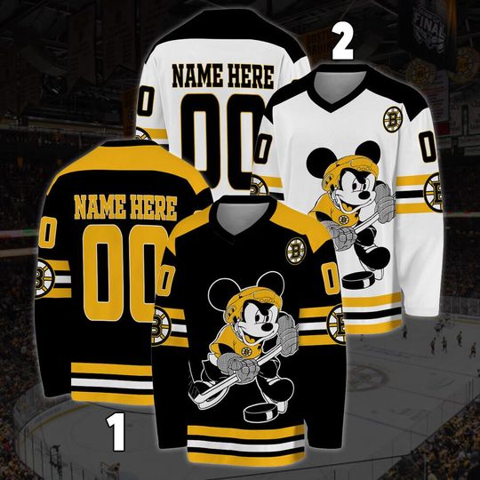 Personalized Boston Bruins Mickey Mouse Hockey Jersey, Disney Jersey For Men With Your Team Name, Fan Hockey Jersey