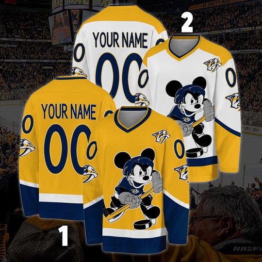 Personalized Nashville Predators Mickey Mouse Hockey Jersey, Disney Jersey For Men With Your Team Name, Fan Hockey Jersey