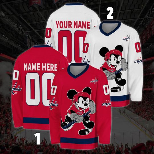 Personalized Washington Capitals Mickey Mouse Hockey Jersey, Disney Jersey For Men With Your Team Name, Fan Hockey Jersey