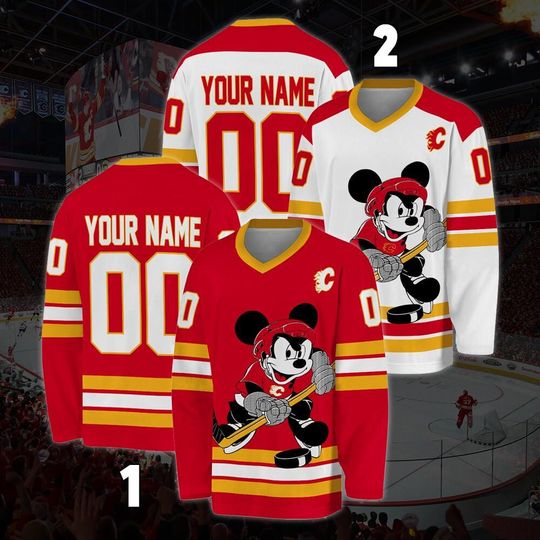 Discover Personalized Calgary Flames Mickey Mouse Hockey Jersey, Disney Jersey For Men With Your Team Name, Fan Hockey Jersey