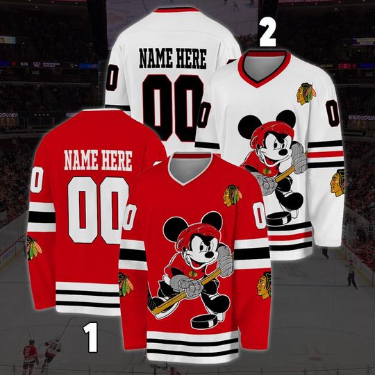 Personalized Chicago Blackhawks Mickey Mouse Hockey Jersey, Disney Jersey For Men With Your Team Name, Fan Hockey Jersey