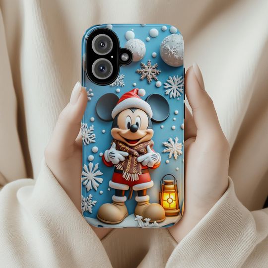 Santa Mickey Mouse 3D effect Phone Case, Cartoon Xmas Design, Mickey Christmas Phone Case for iPhone 16 15 14 Magsafe,