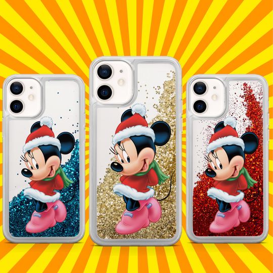 Christmas Disney Minnie Girl Mouse Transparent Liquid Glitter Phone Case For iPhone 16 Pro Max 15 14 13 12 11 X XS 8Plus 7