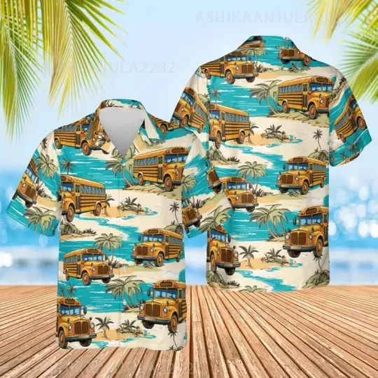 School Bus Tropical Hawaiian Shirt, School Bus Beach Aloha Button Up Shirt