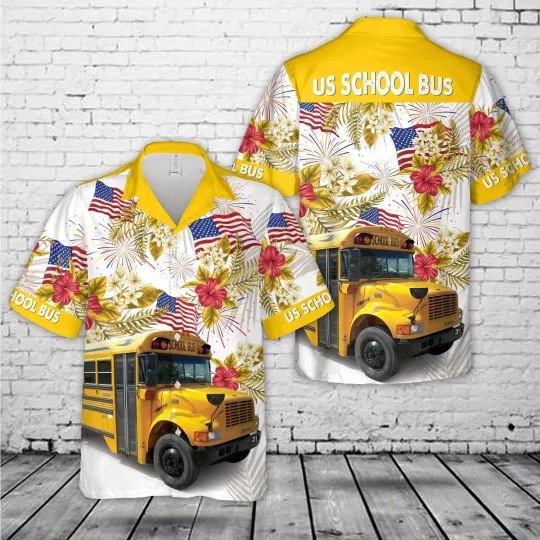 School Bus Tropical Flower Hawaiian Shirt Casual Button Down Shirt Beach Unisex