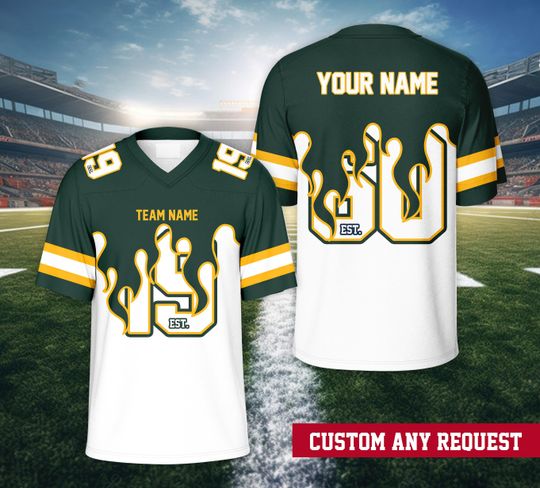 Personalized Name Football Team Flame Jersey, Custom Color College Football Jersey, Sports Game Day Jersey Outfit For American Football Fans