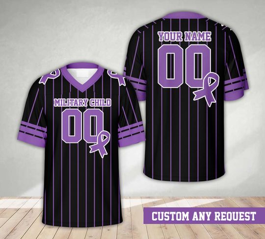 Discover Personalized Name Military Child Month Football Jersey, Custom Purple Ribbon Military Kids Jersey, Purple Up Shirt For Military Kids Family