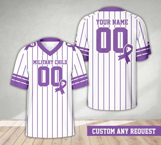 Discover Personalized Name Military Child Month Football Jersey, Custom Purple Ribbon Military Kids Jersey, Purple Up Shirt For Military Kids Family