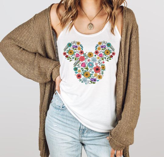 Disney Floral Mickey Head Shirt, Tank top racer back Disney Shirt, Mickey Head Shirt, Disney Mickey Shirt, Family Trip, disney trip shirt