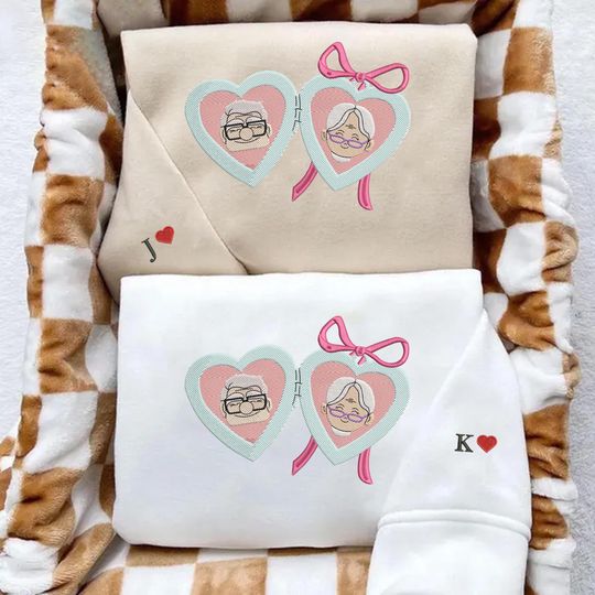 Discover Couple Valentine Embroidered Sweatshirt, Personalized Couple Embroidery Sweatshirt, His Carl Her Ellie Couple Shirt, Valentines Day Gifts