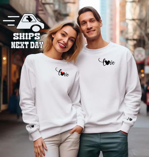 Personalized Couple Matching Sweatshirt | Embroidery Minnie Mickey Mouse with Initial on Sleeve Sweatshirt | Custom Valentines Day Gift