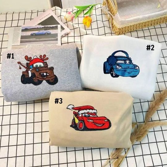 Disney Car Christmas Embroidered Sweatshirt, McQueen Sally Tow Mater Shirt, Pixar Car Holiday Jumper, Xmas Group Matching Shirt