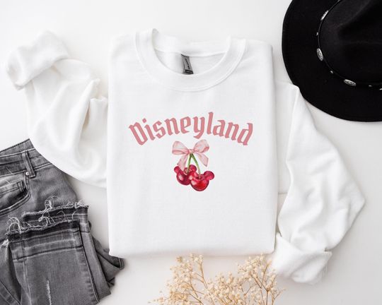Discover Mickey Cherry Bow Sweatshirt, Cute Disney Sweater, Minnie coquette Gift, Womens disneyland Disneyworld, bow shirt, cute disney top