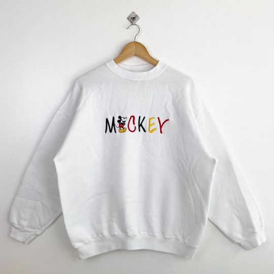 90s Disney Mickey Mouse Crewneck Sweatshirt Embroidery Logo White Color Mens XL