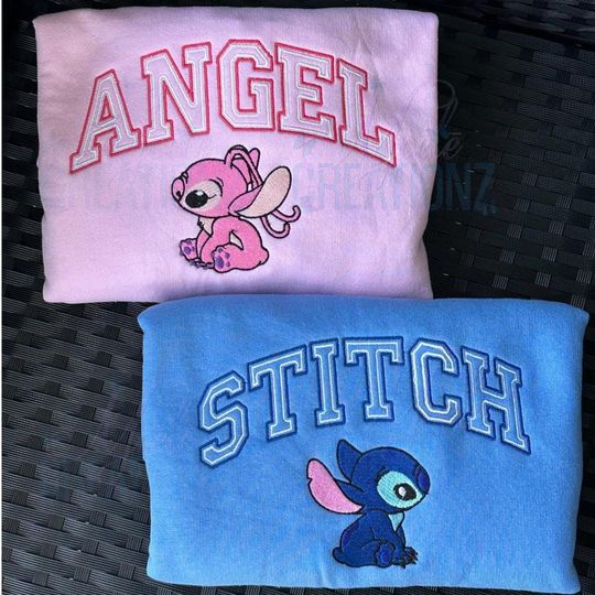 Stitch and Angel Embroidered Sweatshirt, Angel sweatshirt, Stitch Sweatshirt, Couples Sweatshirt, valentines day gift, matching sweatshirts