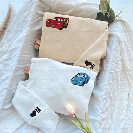 Discover McQueen Sally Embroidered Sweatshirt Hoodie, Cars Valentines Embroidered Hoodie, Custom Name Sleeve Embroidery Sweater, Disney Couple Hoodie
