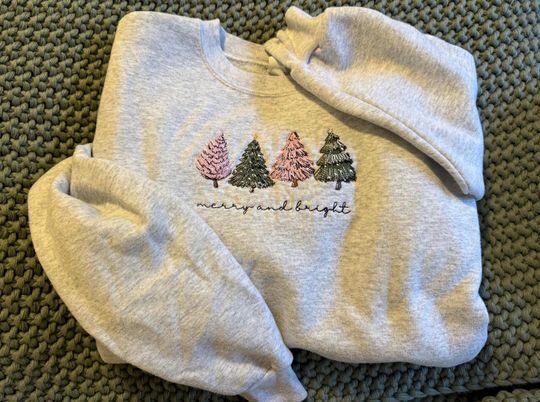 Pine tree embroidered sweater, Christmas tree embroidered sweater, Christmas sweater, Holiday sweater, Naturr embroidered sweater, Hiking