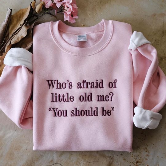 Who's Afraid Of Little Old Me Embroidery Sweatshirt, Tortured Poet Sweatshirt, Minimalist Song Lyrics Crewneck & Embroidered Sleeve Detail