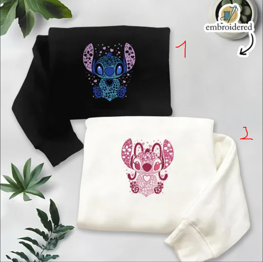 EMBROIDERED Stitch And Angle with Heart Embroidery Sweatshirt, Stitch Lilo Embroidery, Couples Stitch Sweater, Gift for Kids, Cute Blue