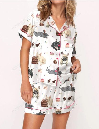 French Bulldog Party Pajama Set, Short Sleeve Sleepwear with Fun, Playful Designs