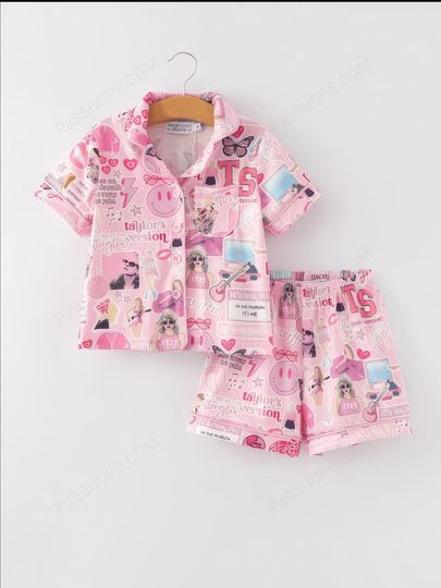 Tayl0r Swi.ft-Inspired Pink Lapel Button Pajama Set - Short Sleeves & Shorts
