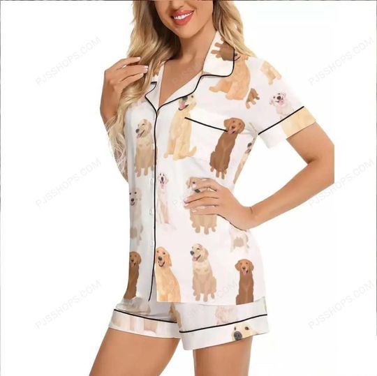 Discover Golden Retriever Pajama Set  Silky Soft, Short Sleeve, Adorable Print