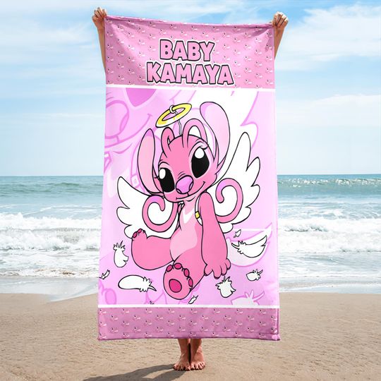 Personalized Cute Pink Monster With Wings Towel, Custom Name Beach Towel, Magic Kingdom Towel, Cartoon Summer Vacation Gift, Gift For Kid