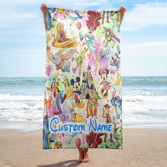 Discover Personalized All Movie Characters Beach Towels, Custom Name Toy Movie Beach Towel, Long Hair Princess Towel, Colorful Mouse And Friend Towel