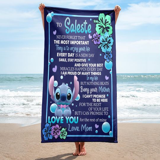 Personalized Disney Stitch To My Daughter Towel, Stitch Beach Towel, Stitch & Lilo Summer Vacation Gift, Cartoon Towel, Cruise Beach Towel