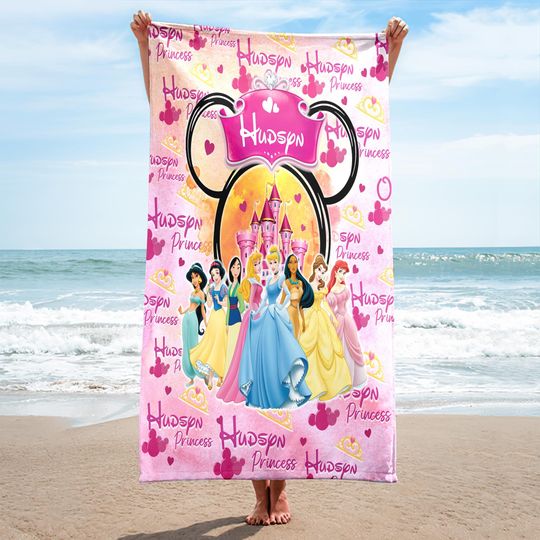 Personalized Cinde Princess Beach Towel, Custom Name Snow White Jasmine Aurora Towels, Mickey Head Beach Towels, Belle Bath Pool Towel