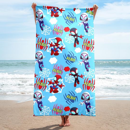 Personalized Spidey And His Amazing Friends Beach Towels, Ghost-Spider Beach Towel, Spin Beach Towel, Custom Name Family Cruise Pool Towel