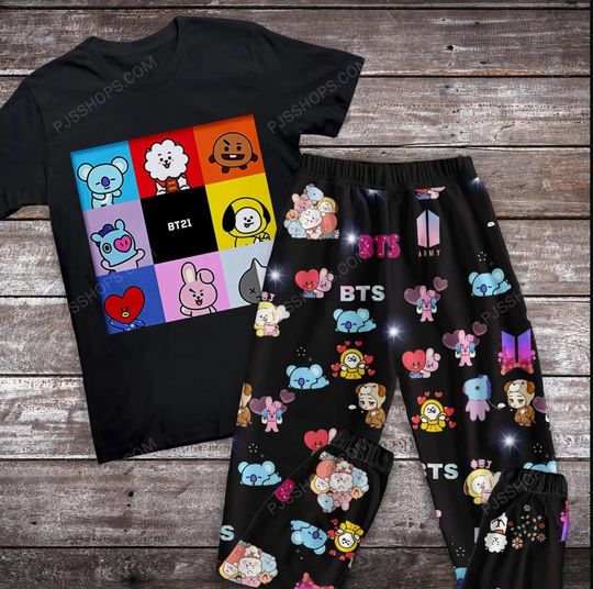 BTS Holiday Pajamas Set, BT 21 Christmas Pajamas Set, BTS Family Pajamas For Adult And Kids