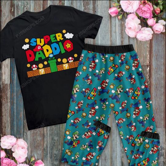 Super Daddio Pajamas Set, Super Mario Personalized Family Pajamas, Daddio Mario Father's Day Family Pajamas Set.