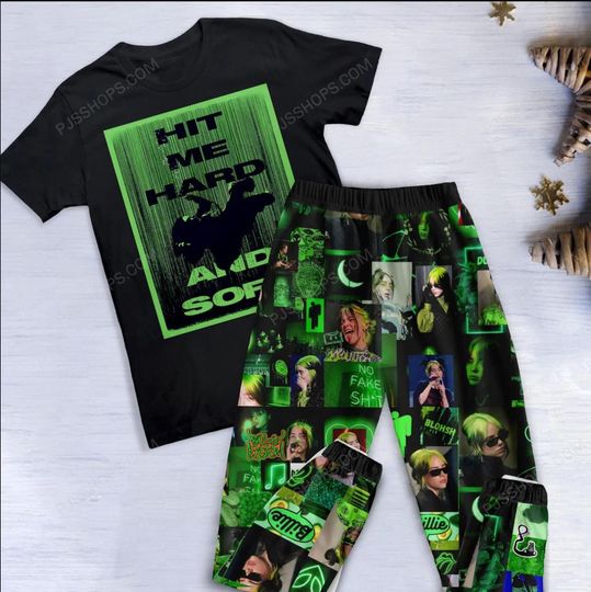 Billie Eilish Pajamas Set, Hit Me Hard and Soft Pajamas Set, Billie Eilish Christmas Pajamas Set.