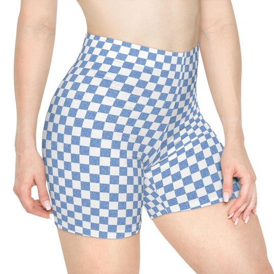 Blue Checkered Women's Biker Shorts, Summer Workout Shorts, Casual Bike Shorts, Activewear Lounging, Trendy Athleisure