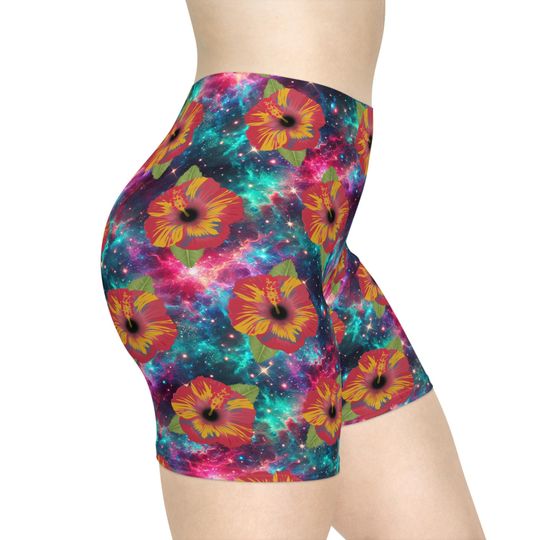 Neon Space Poppies Women's Biker Shorts, Floral Cycling Shorts, Trendy Workout Bottoms, Colorful Athletic Wear, Summer Yoga Apparel