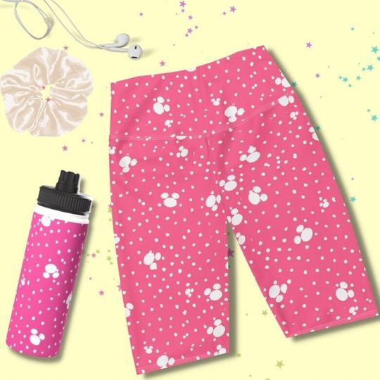 Polka Dot Pink Women's Biker Shorts  Workout Set  Polka Dot Activewear  Family Vacation Matching  Mommy and me