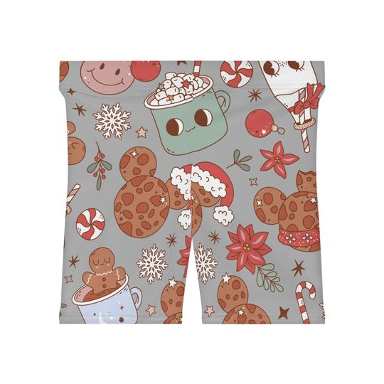 Women's Biker Shorts Holiday Snacks, Cocoa, Candy Canes, Christmas Hats, Cookie Ears