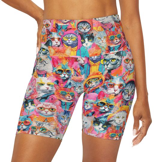 Discover Hipster Cats pattern High Waisted Yoga Shorts, Retro cats pattern Women's Bike Shorts, Vintage Cats Workout Shorts, Groovy cats leggings