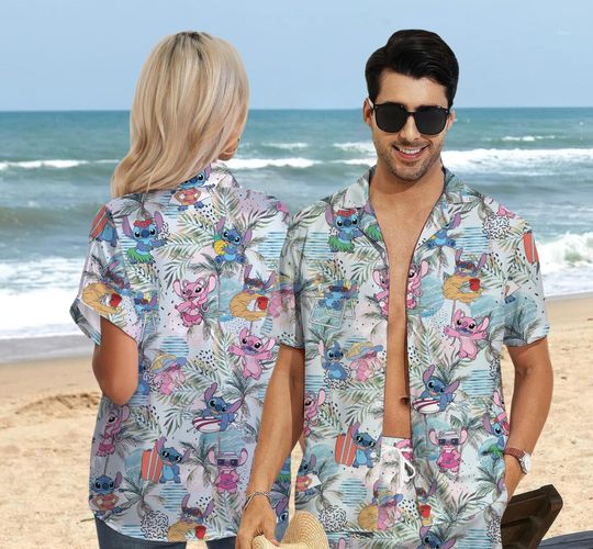 Disney Stitch and Angel Aloha Floral Hawaiian Shirt, Disney Couple Hawaiian Shirt, Lilo and Stitch Button Shirt Hawaiian Shirt, Disney Shirt