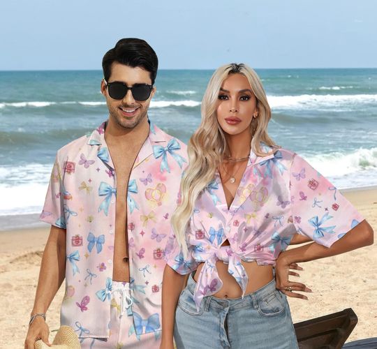 Coquette Pink Bow Hawaiian Shirt, Cute Bridesmaid Coquette Bow Button Up Shirt, Balletcore Hawaiian Shirt, Coquette Bow Hawaiian Shirt