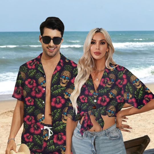 Pineapple Skull Hawaiian Shirts, Short Sleeve Button Down Shirt, Summer Shirts for Men Women, Tropical Floral Hawaii Shirts, Hawaiian Shirts