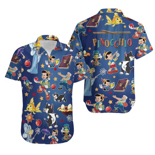 Retro Pinocchio Characters Hawaiian Shirt, Geppetto Figaro