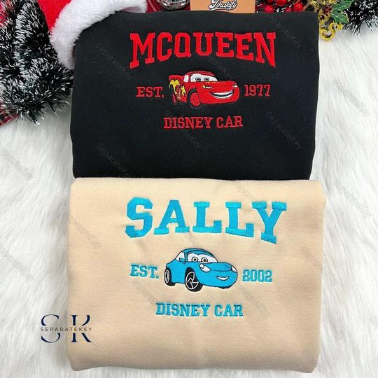 Mc Queen And Sally Embroidered Shirt, Diiney Couple Embroidered Sweatshirt, Mcqueen Embroidered Hoodie, Pixar Car Embroidered Sweatshirt