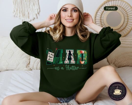 Discover Mad as a Hatter | Trendy Tee, Sweatshirt, and Hoodie - Tea Party Theme 'Embroidery Look' Design - Perfect for Alice in Wonderland Fans.