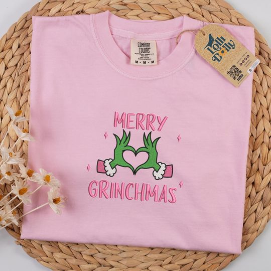 funny character Holiday Shirt, Merry Grin Embroidered Green Hands Design, Cozy and Fun Christmas Apparel for Everyone, Gift For Lover