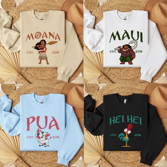 Disney Princess Moana Characters Embroidered Sweatshirt Featuring Hei Hei, Pua, Moana, and Maui, Gift For Fan