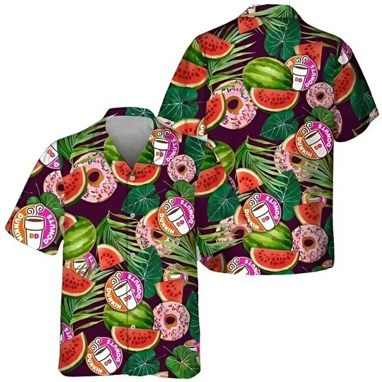 Dunkin' Donuts Watermelon Hawaiian Shirt, Men Hawaiian Button Up Shirts, Summer Gifts Anniversary, Birthday, Vacation Gifts