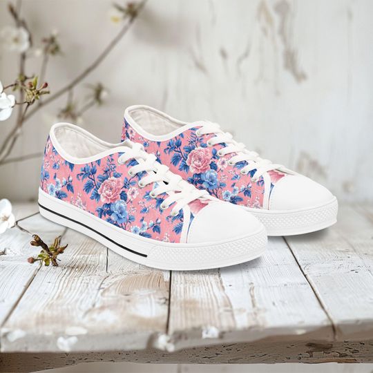 Elegant Floral Chinoiserie Low Top Sneakers: Chic Gift for Women, Grandma & Mom Floral Toile Women's Low Top Sneakers Grandma and Mom Gift