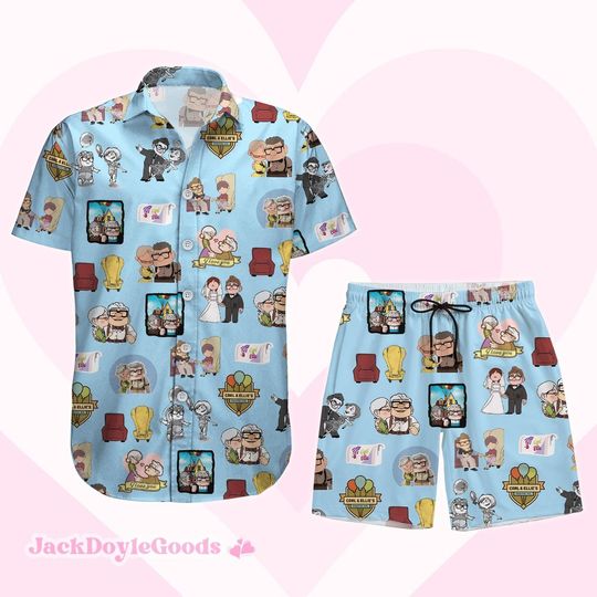 Carl And Ellie Button Shirt Shorts, Up House Balloons Button Shirt, Disney Pixar Up Button Down Shirt, Disney Wedding Hawaii Short